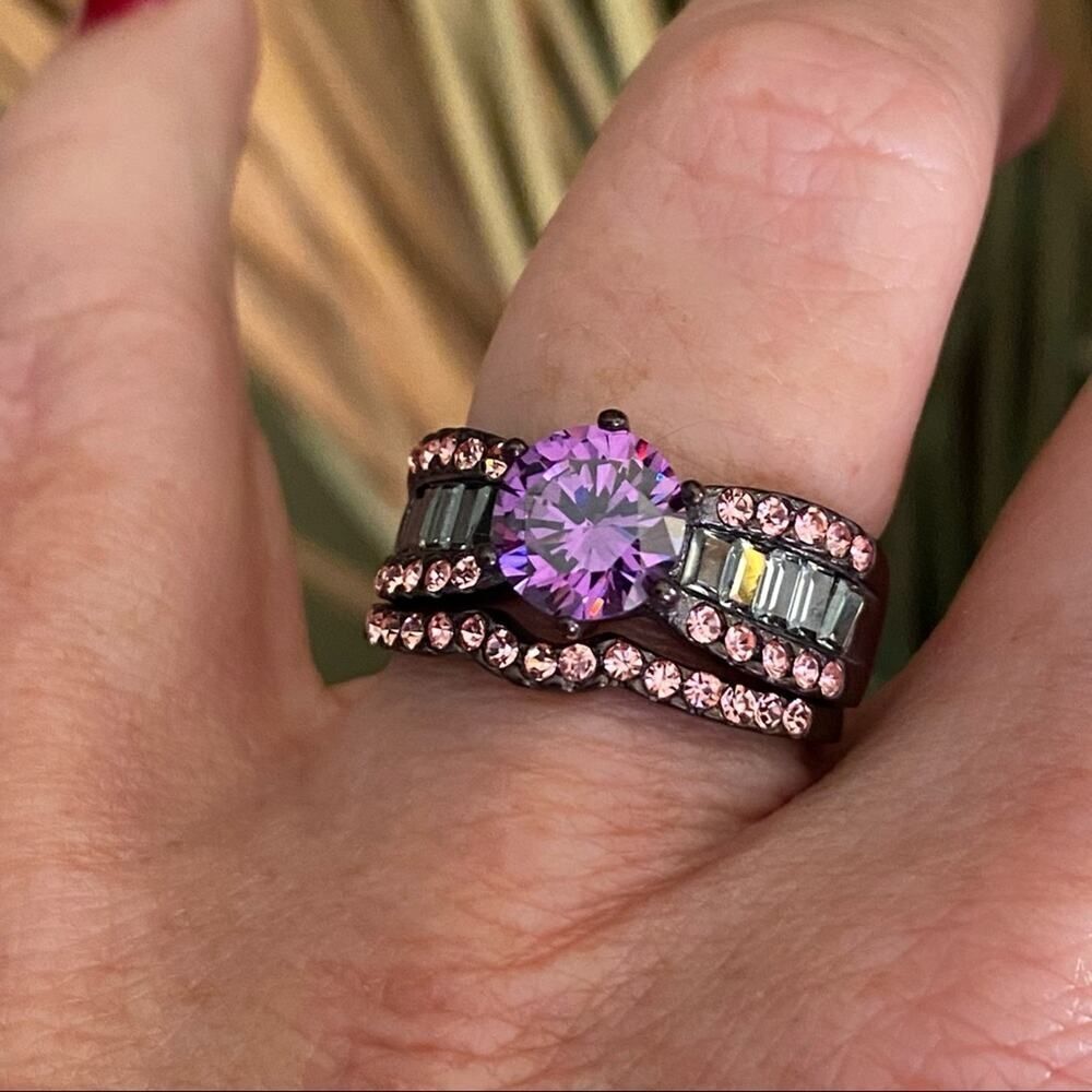 Amethyst CZ Ring-Brown Stainless Steel Multi-Band Design - Picture 1 of 7